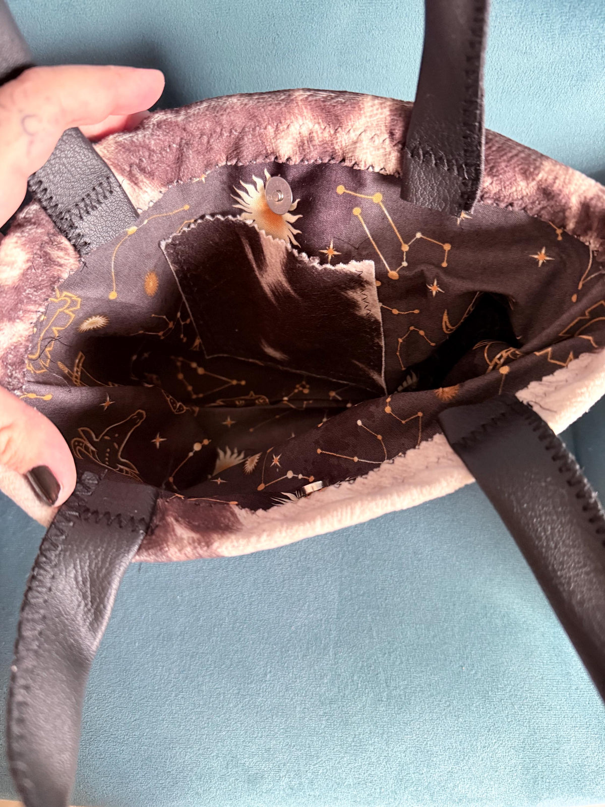 Handmade Black Faux Leather Tote Bag – Celestial Star Purse