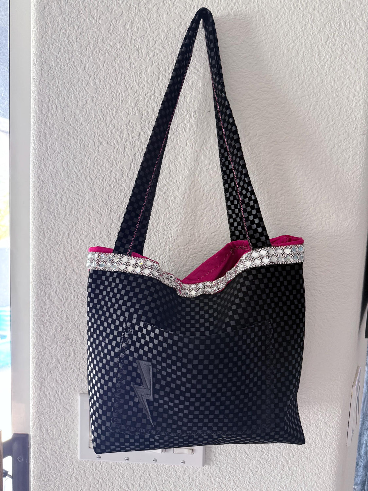 Black Checkered Tote Bag | Hot Pink Lined, Rhinestone Trim, Lightning Pocket Purse