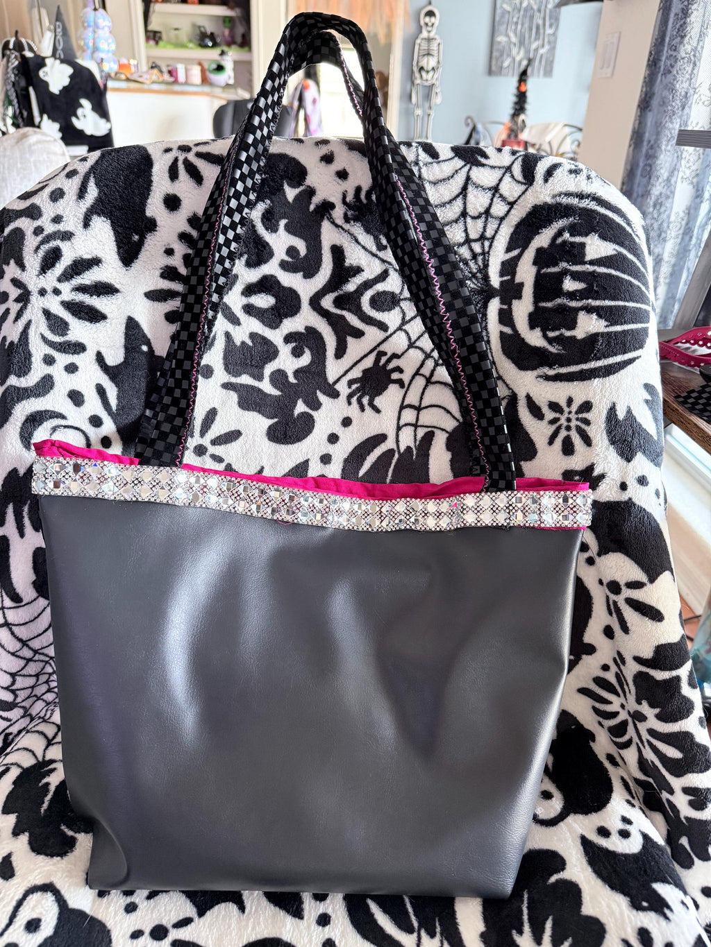 Black Checkered Tote Bag | Hot Pink Lined, Rhinestone Trim, Lightning Pocket Purse