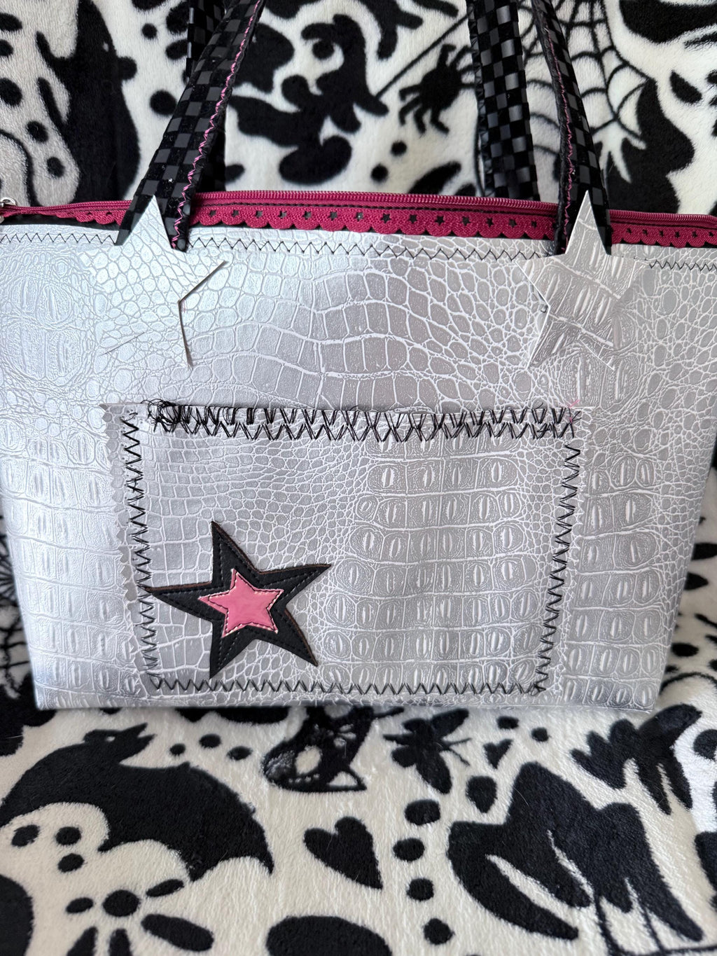 Handmade Silver Croc & Black Star Handbag | Punk Rock Tote (Pink Lined)