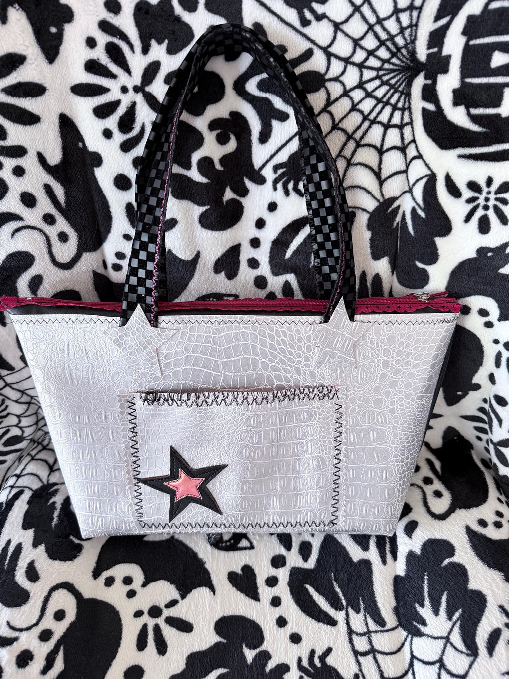 Handmade Silver Croc & Black Star Handbag | Punk Rock Tote (Pink Lined)