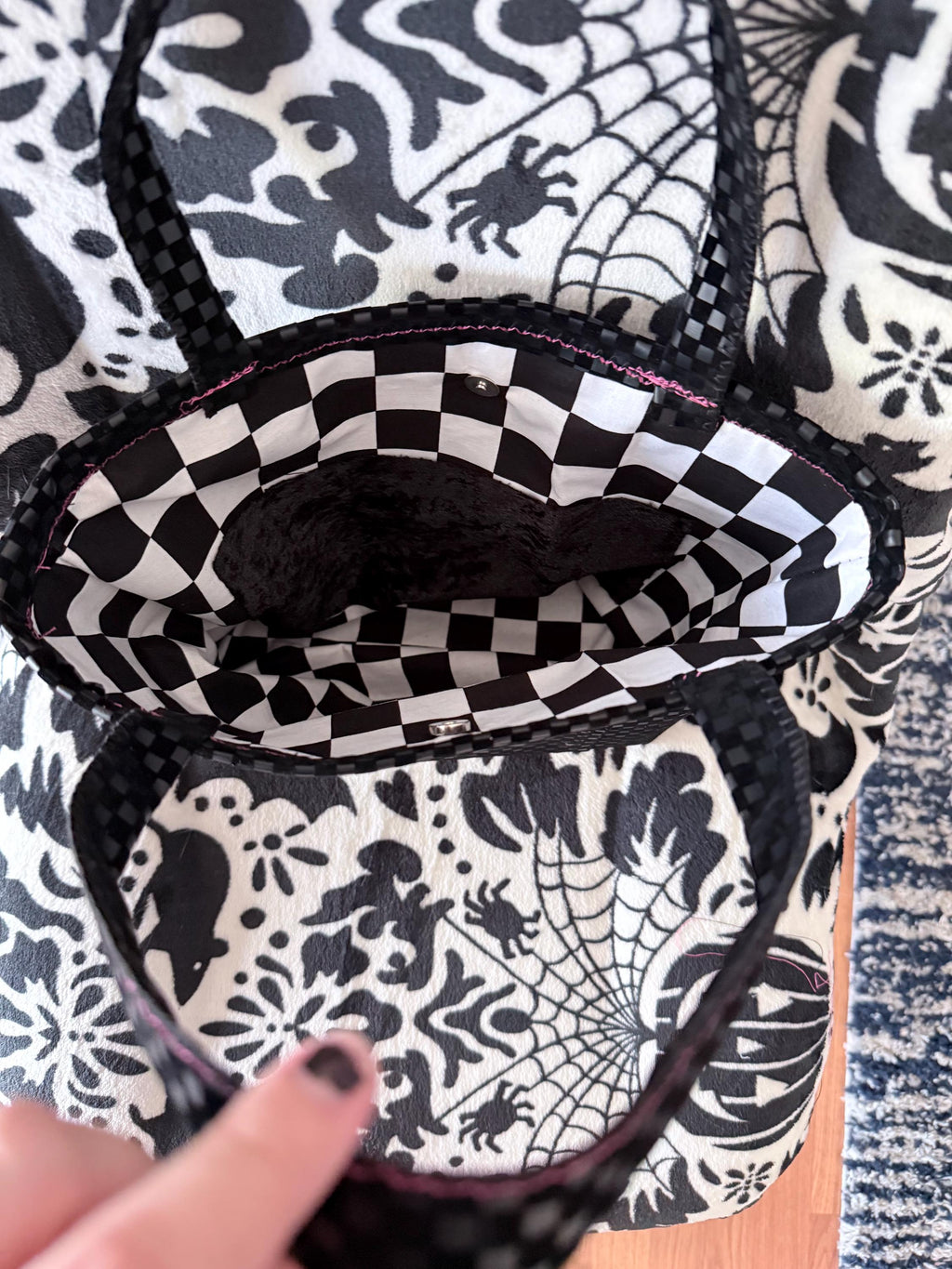 Handmade Black Checkerboard Tote Bag | Punk Rock Style, Silver Star Accent
