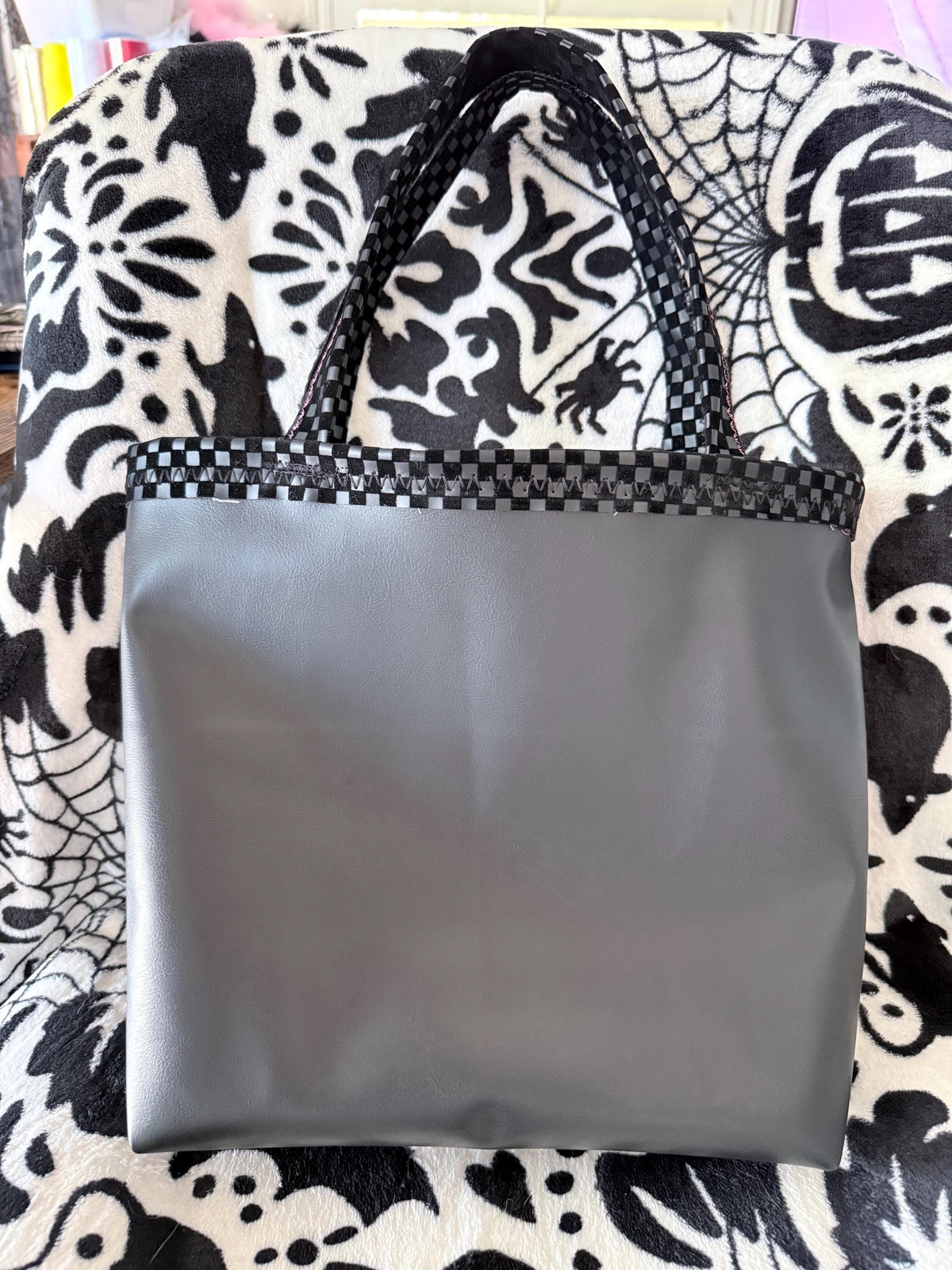 Handmade Black Checkerboard Tote Bag | Punk Rock Style, Silver Star Accent