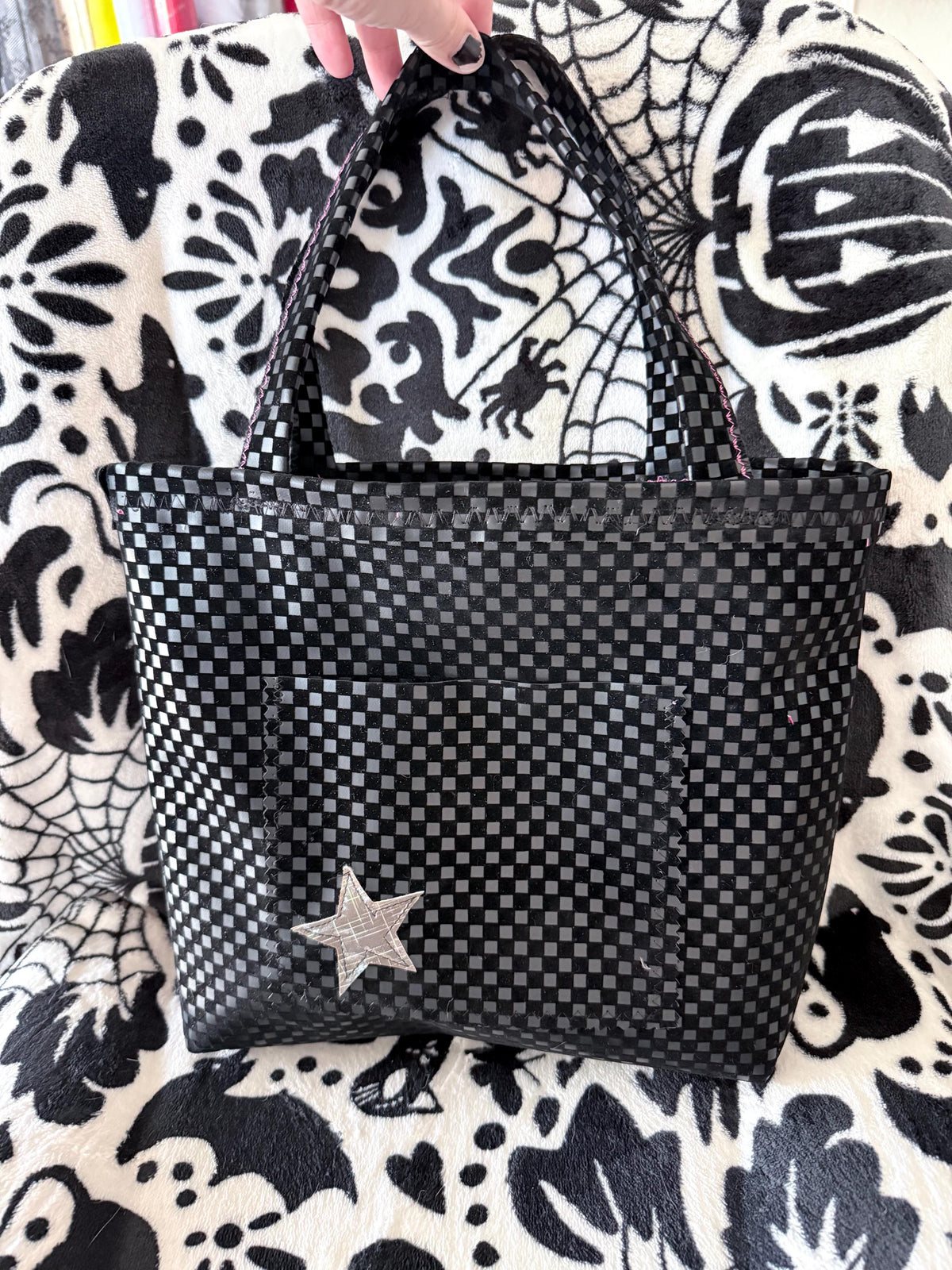 Handmade Black Checkerboard Tote Bag | Punk Rock Style, Silver Star Accent