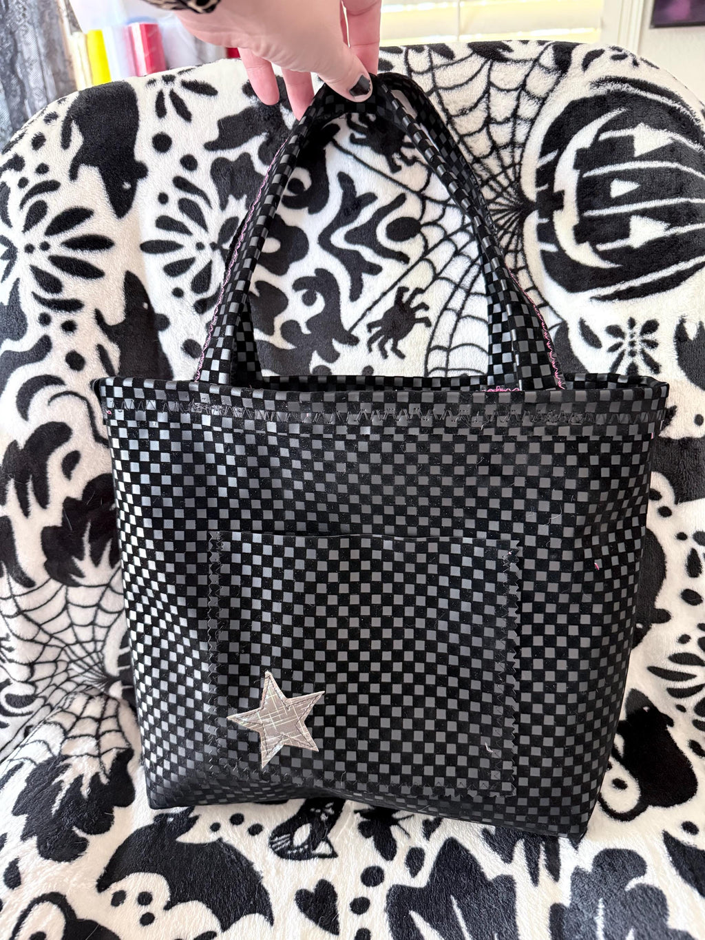 Handmade Black Checkerboard Tote Bag | Punk Rock Style, Silver Star Accent