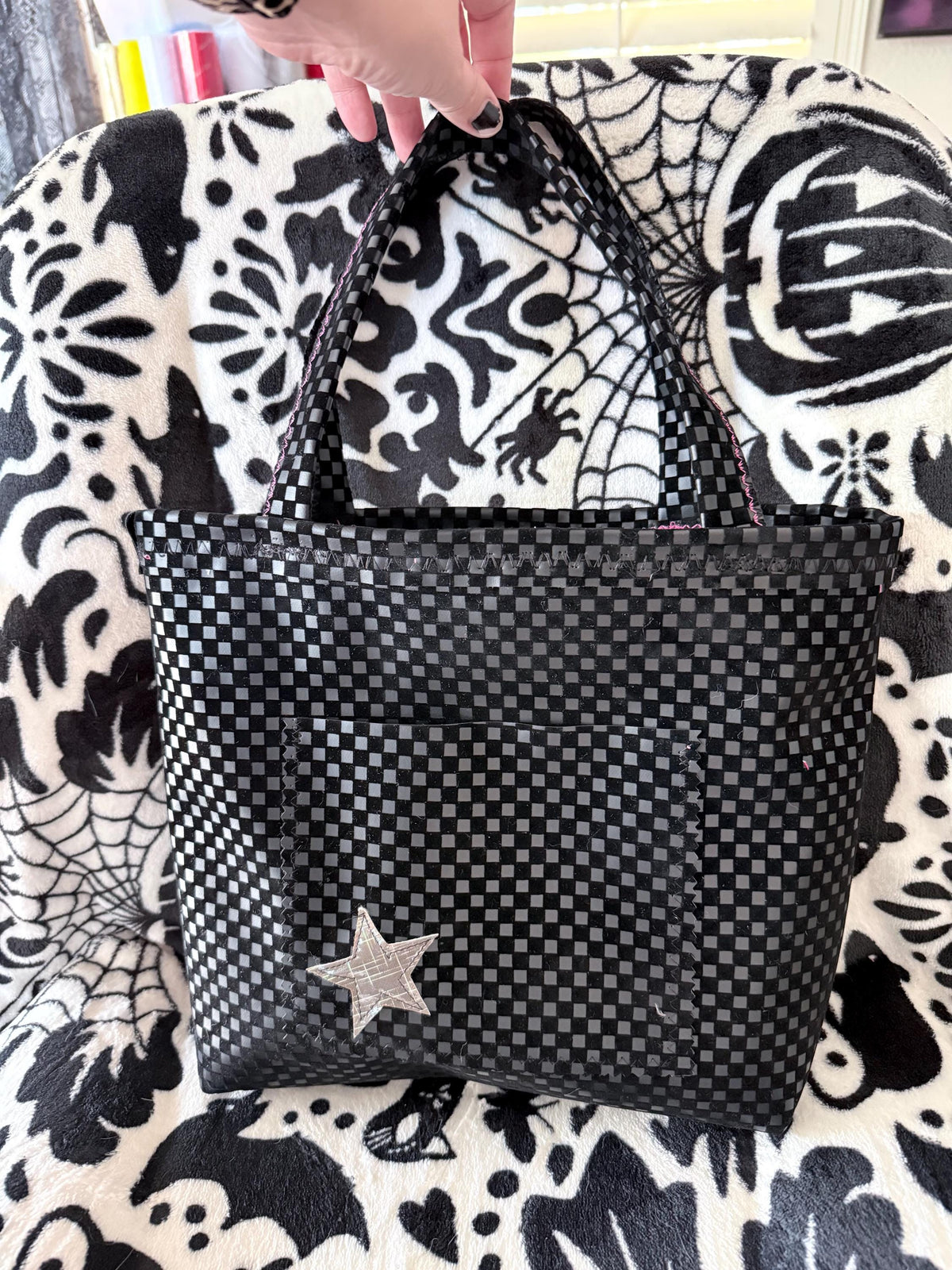 Handmade Black Checkerboard Tote Bag | Punk Rock Style, Silver Star Accent