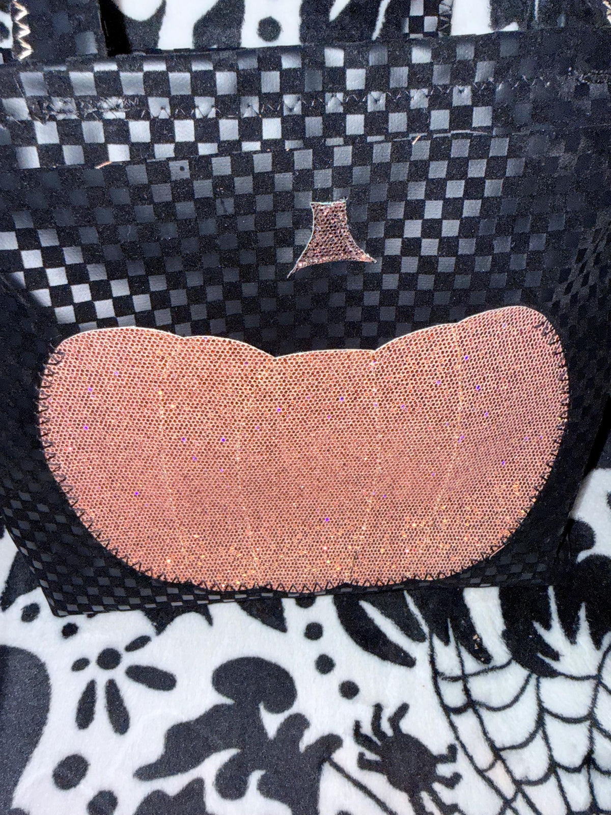 Handmade Halloween Tote – Black Checkerboard Purse with Sparkly Pumpkin Pocket