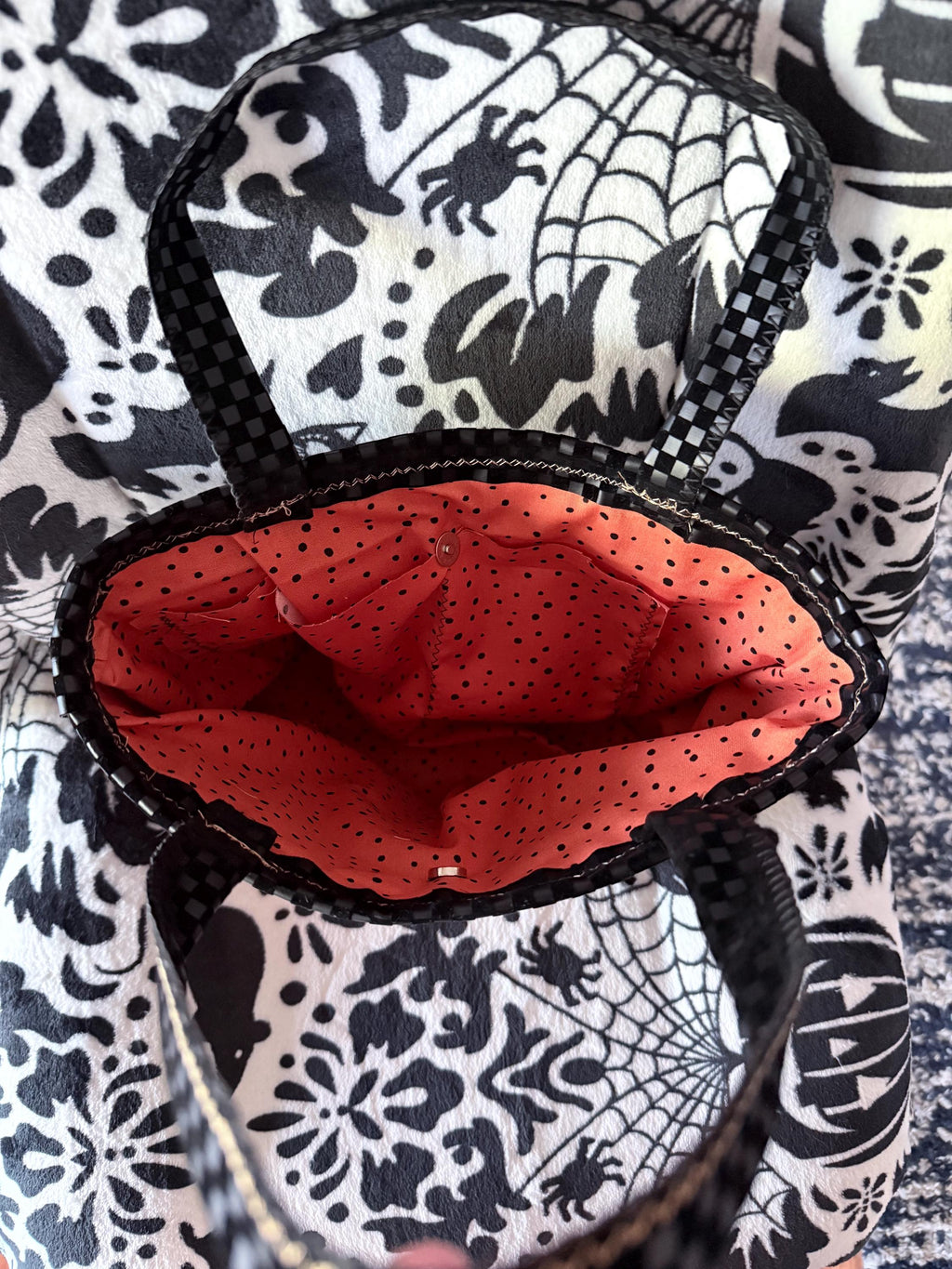 Handmade Halloween Tote – Black Checkerboard Purse with Sparkly Pumpkin Pocket