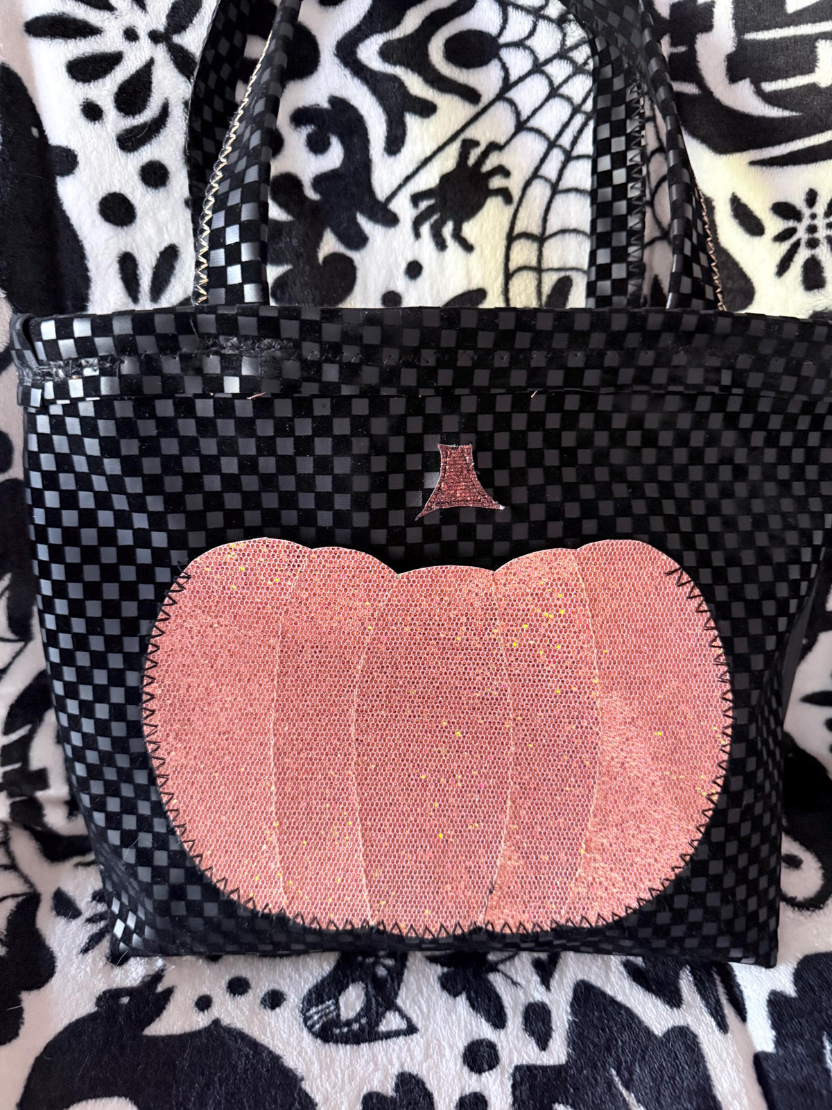 Handmade Halloween Tote – Black Checkerboard Purse with Sparkly Pumpkin Pocket