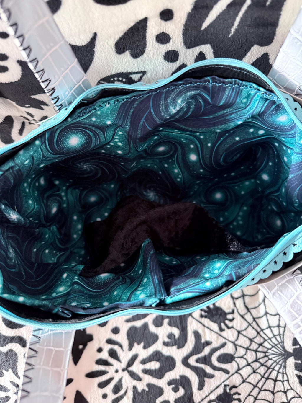 Handmade Holographic Star Tote Bag, White Croc Texture, Turquoise Trim, Galaxy Lining