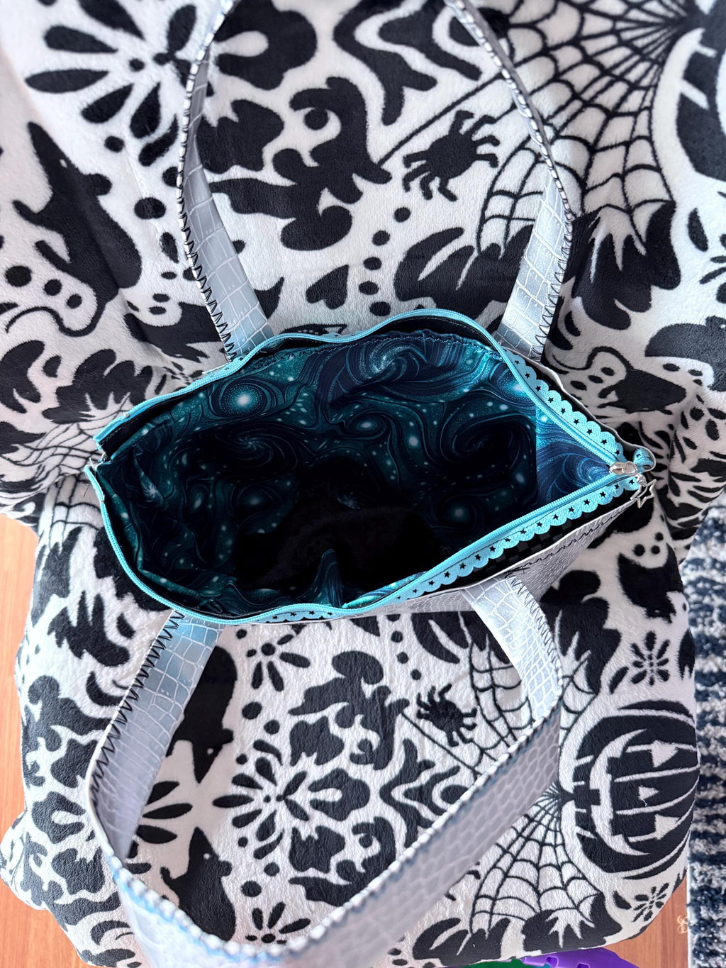 Handmade Holographic Star Tote Bag, White Croc Texture, Turquoise Trim, Galaxy Lining