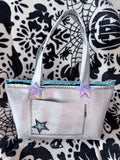 Handmade Holographic Star Tote Bag, White Croc Texture, Turquoise Trim, Galaxy Lining