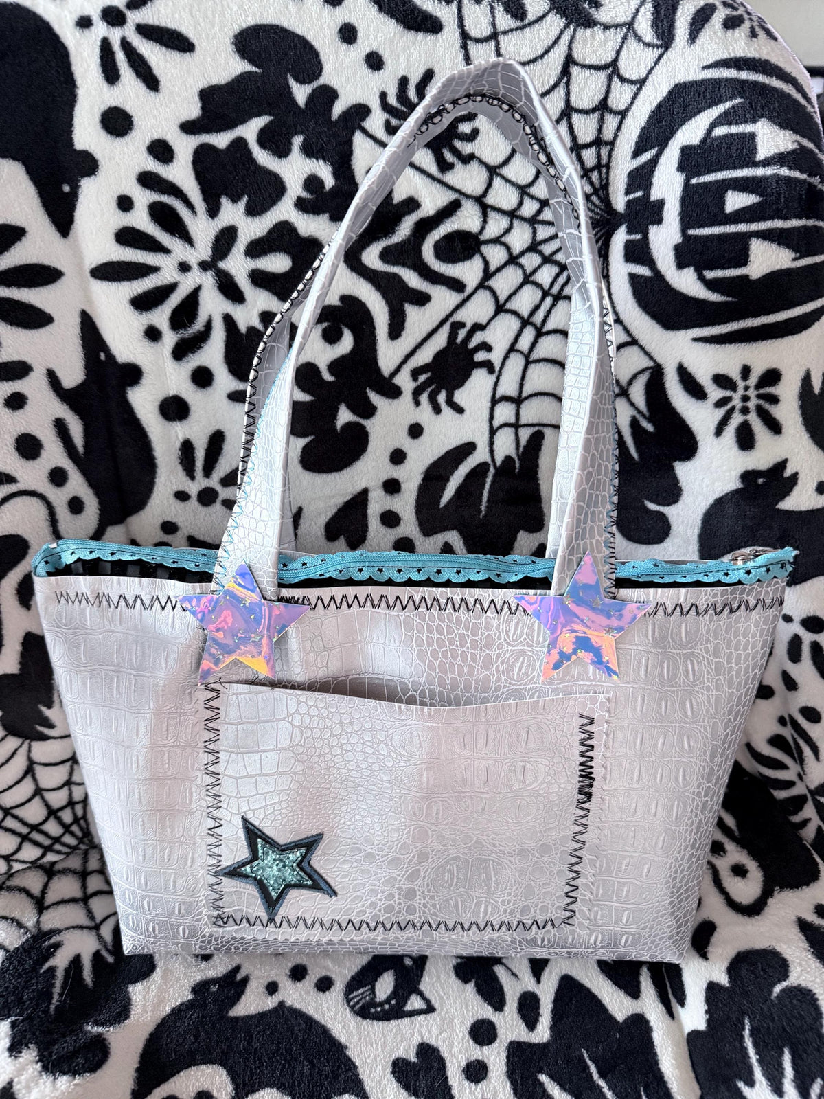 Handmade Holographic Star Tote Bag, White Croc Texture, Turquoise Trim, Galaxy Lining