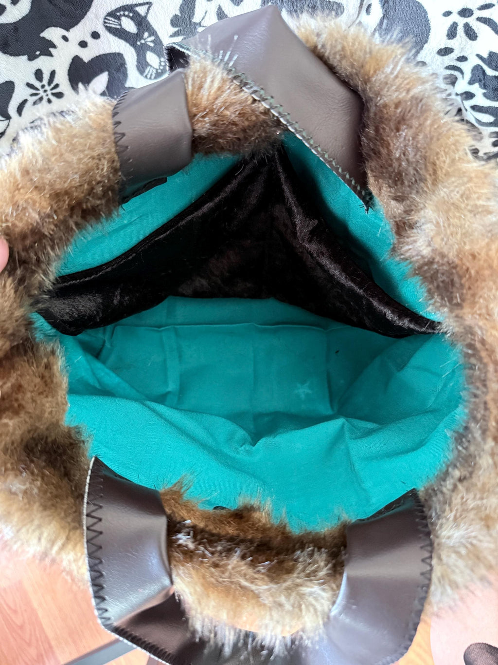 Handmade Christmas Tree Tote Bag | Faux Fur Trim, Teal & Brown Holiday Purse