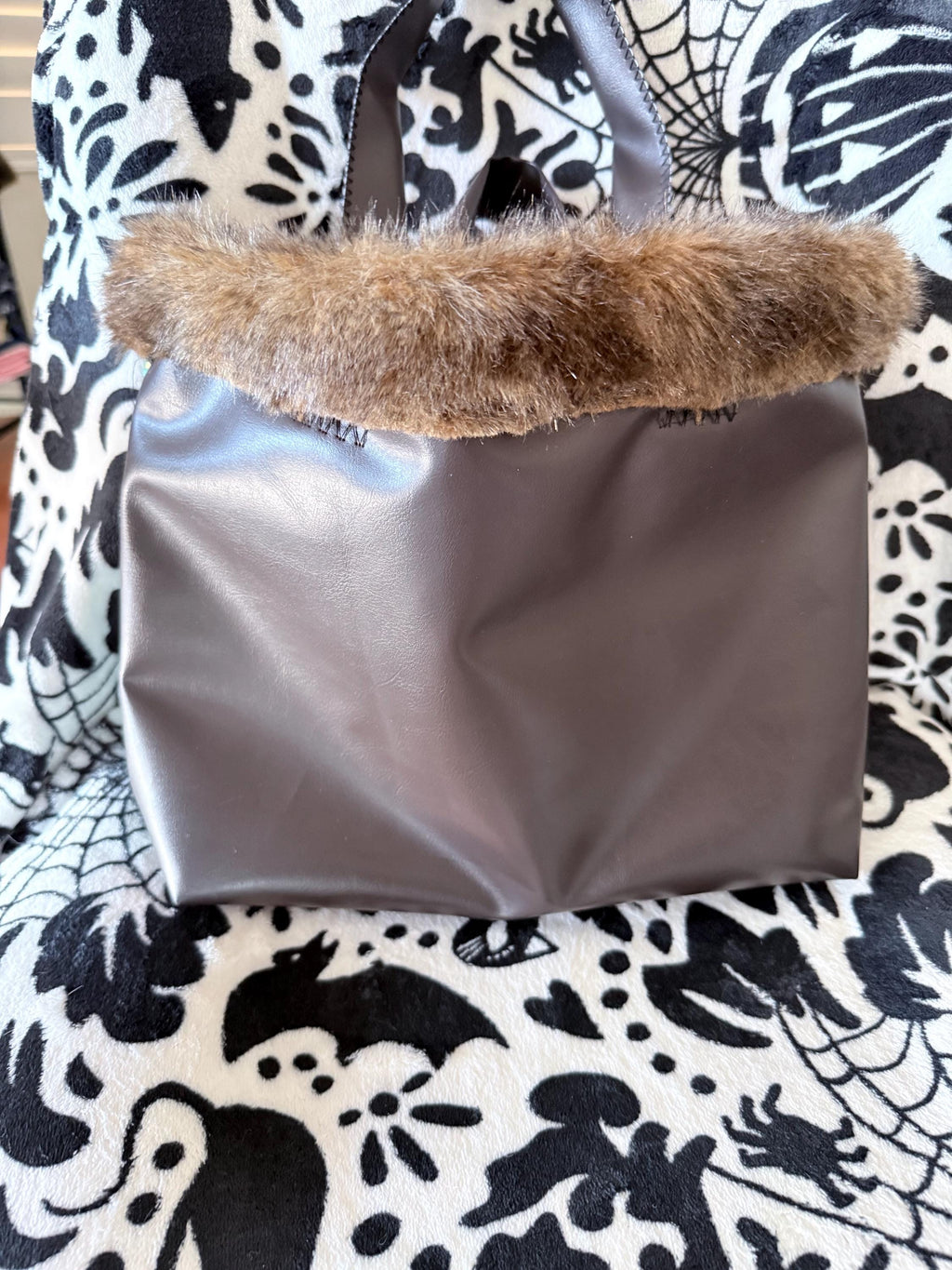 Handmade Christmas Tree Tote Bag | Faux Fur Trim, Teal & Brown Holiday Purse