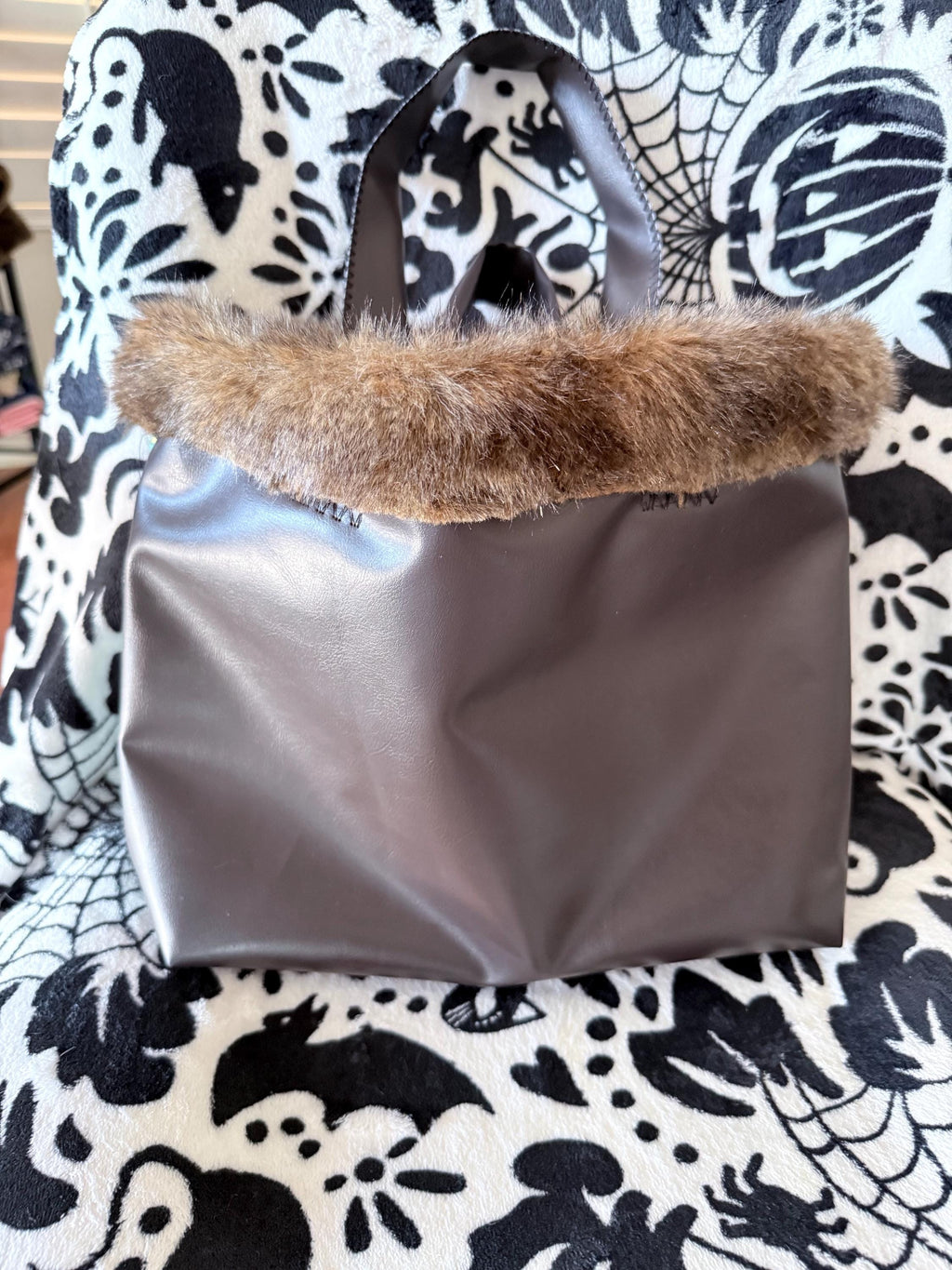 Handmade Christmas Tree Tote Bag | Faux Fur Trim, Teal & Brown Holiday Purse