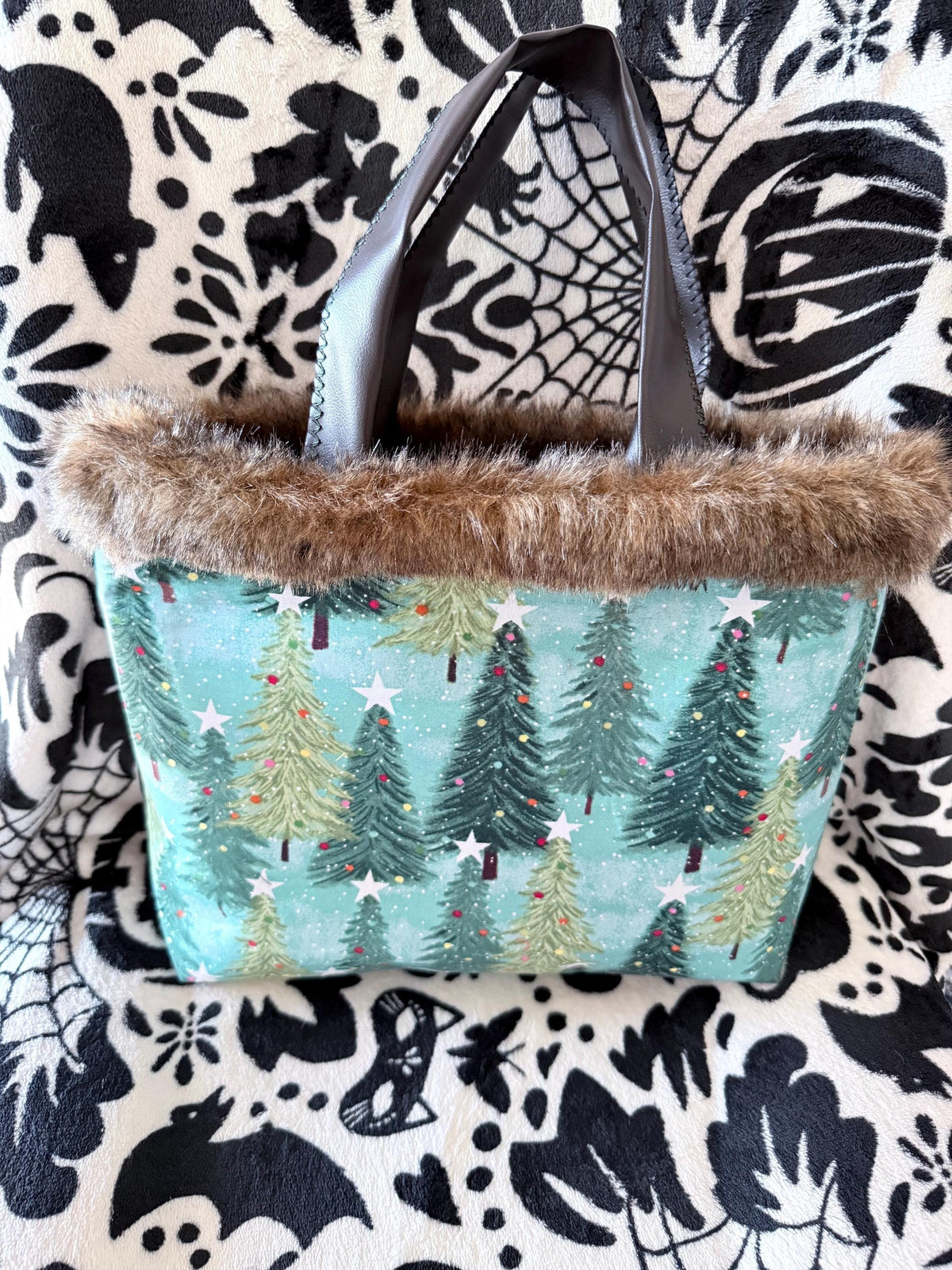 Handmade Christmas Tree Tote Bag | Faux Fur Trim, Teal & Brown Holiday Purse