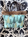 Handmade Christmas Tree Tote Bag | Faux Fur Trim, Teal & Brown Holiday Purse