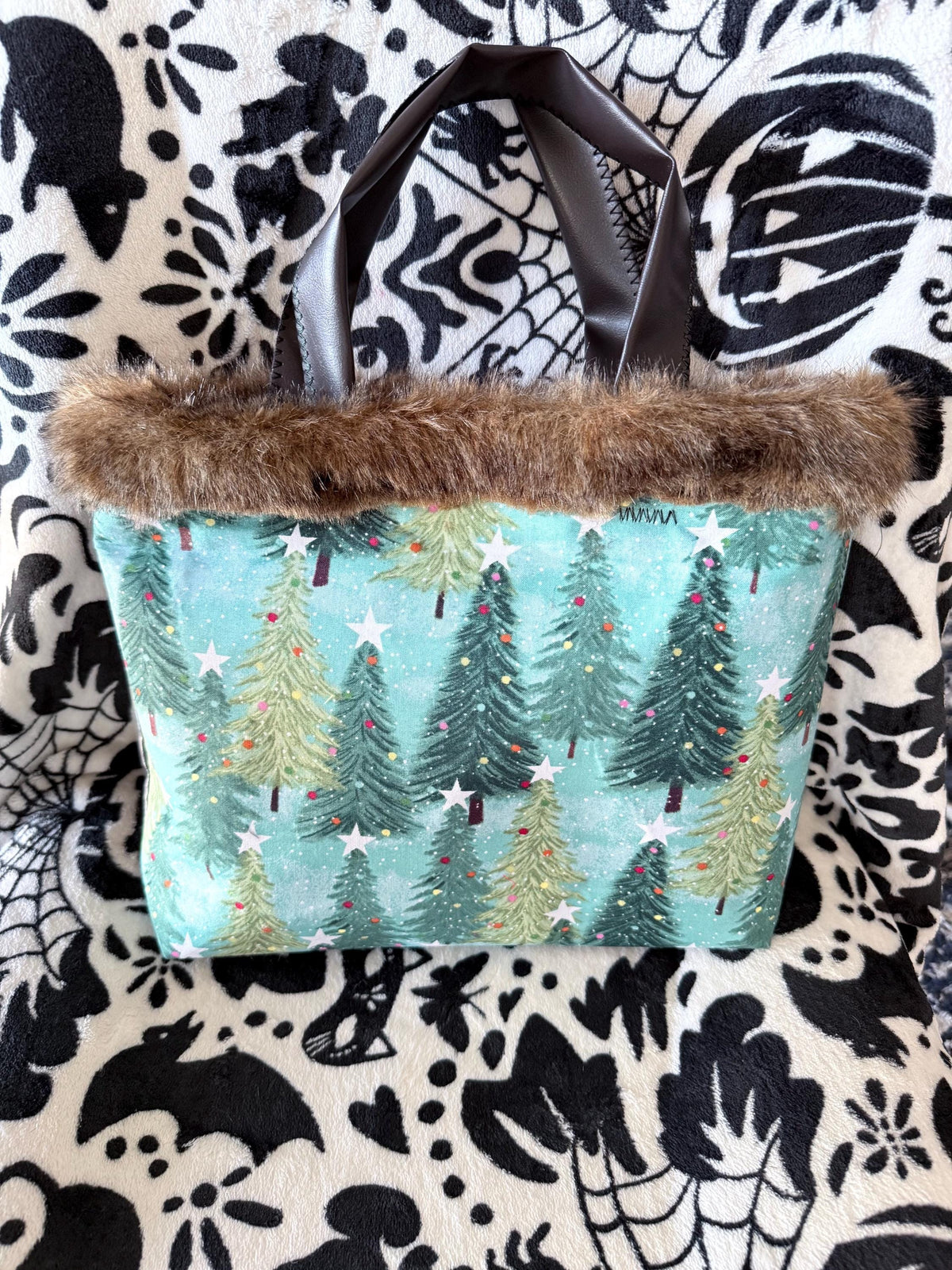Handmade Christmas Tree Tote Bag | Faux Fur Trim, Teal & Brown Holiday Purse