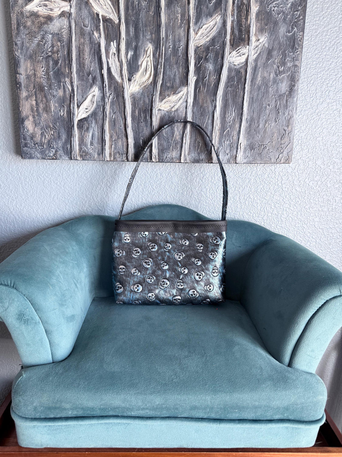 Blue and black skull purse