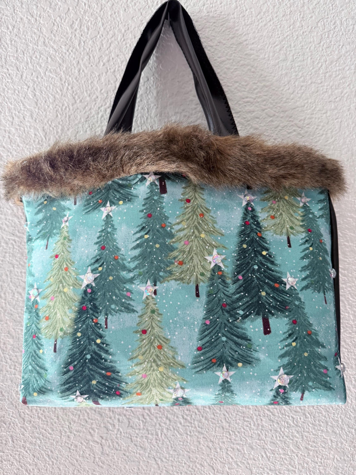 Handmade Christmas Tree Tote Bag | Faux Fur Trim Holiday Purse  With sparkle