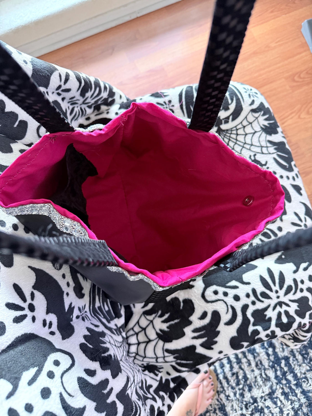 Black Checkered Tote Bag | Hot Pink Lined, Rhinestone Trim, Lightning Pocket Purse