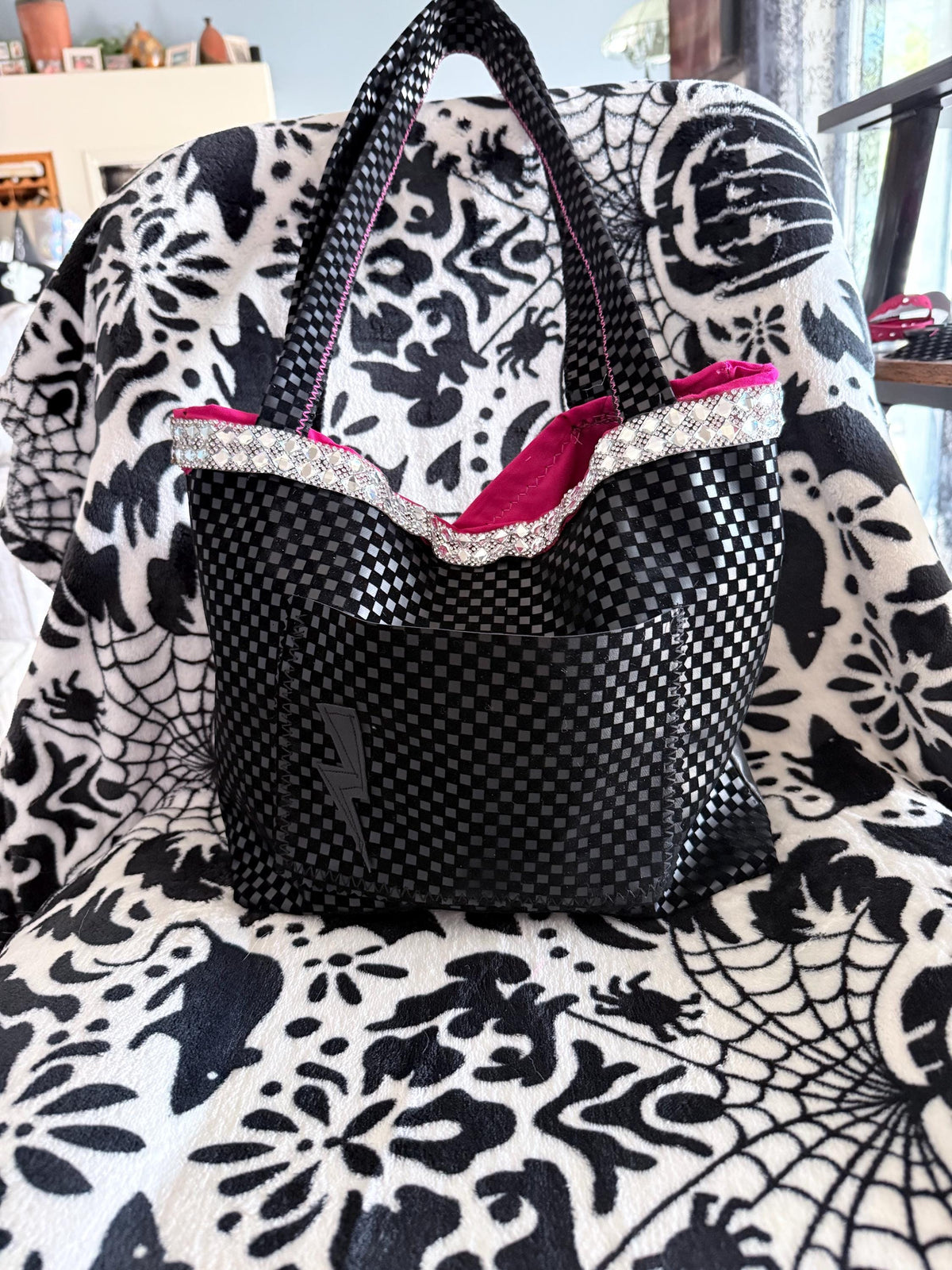 Black Checkered Tote Bag | Hot Pink Lined, Rhinestone Trim, Lightning Pocket Purse