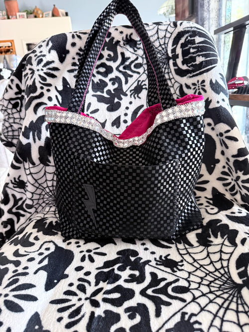 Black Checkered Tote Bag | Hot Pink Lined, Rhinestone Trim, Lightning Pocket Purse