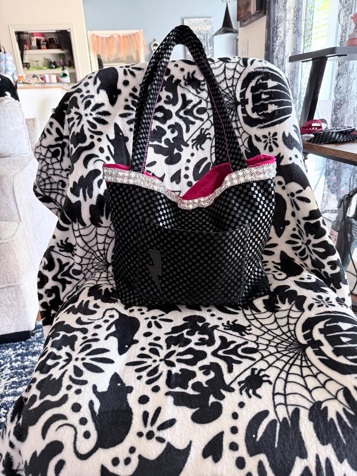 Black Checkered Tote Bag | Hot Pink Lined, Rhinestone Trim, Lightning Pocket Purse