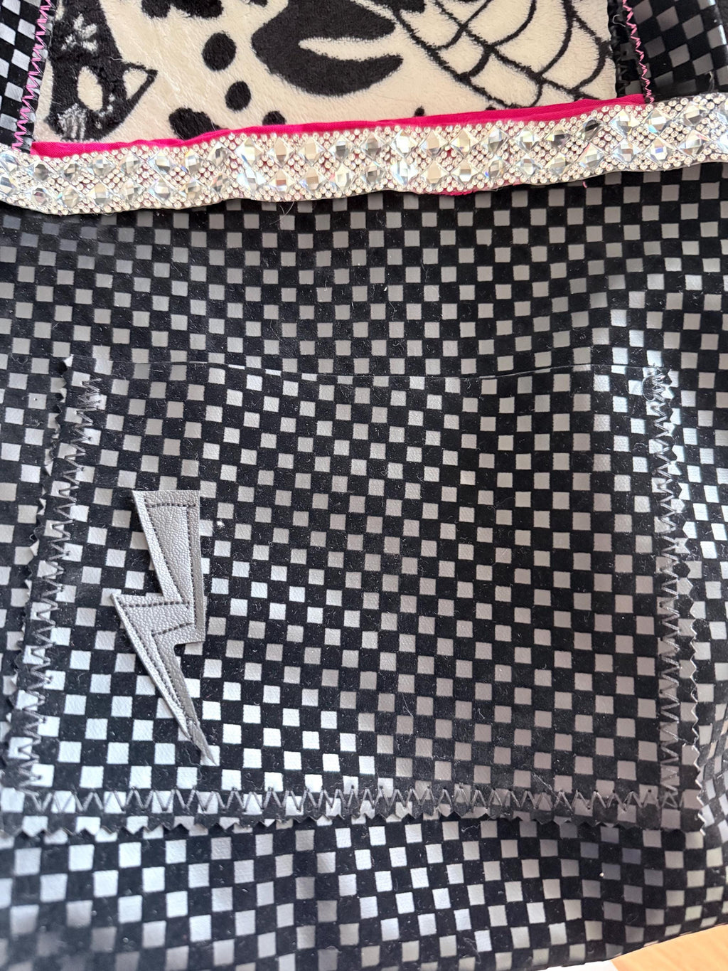 Black Checkered Tote Bag | Hot Pink Lined, Rhinestone Trim, Lightning Pocket Purse