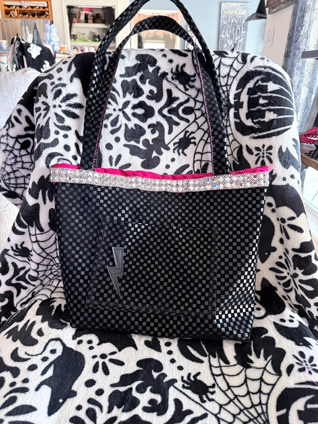 Black Checkered Tote Bag | Hot Pink Lined, Rhinestone Trim, Lightning Pocket Purse