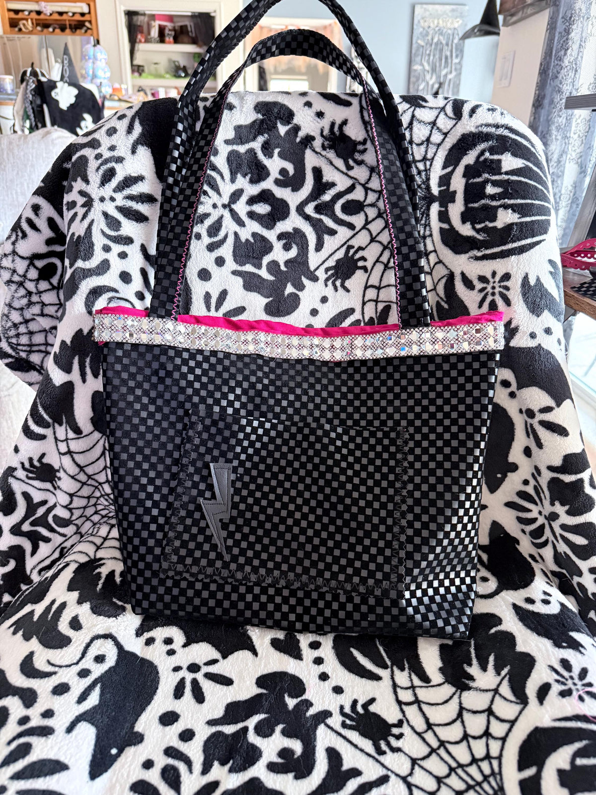 Black Checkered Tote Bag | Hot Pink Lined, Rhinestone Trim, Lightning Pocket Purse