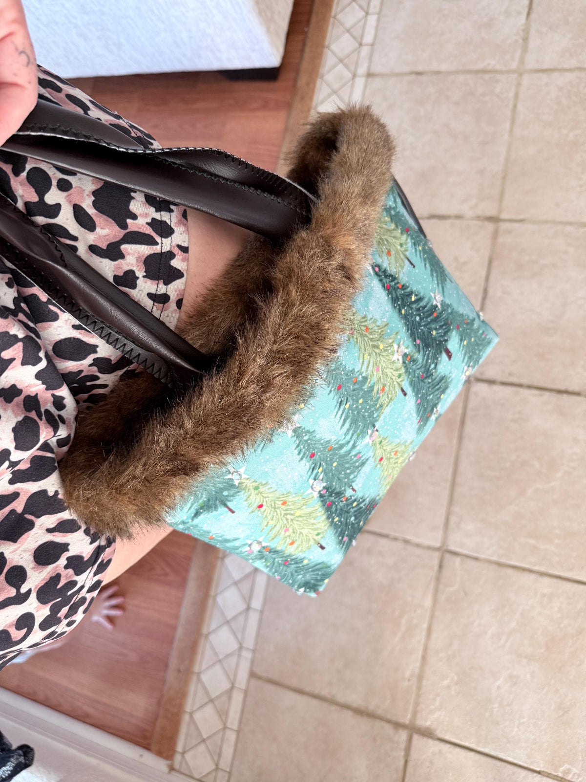 Handmade Christmas Tree Tote Bag | Faux Fur Trim Holiday Purse  With sparkle