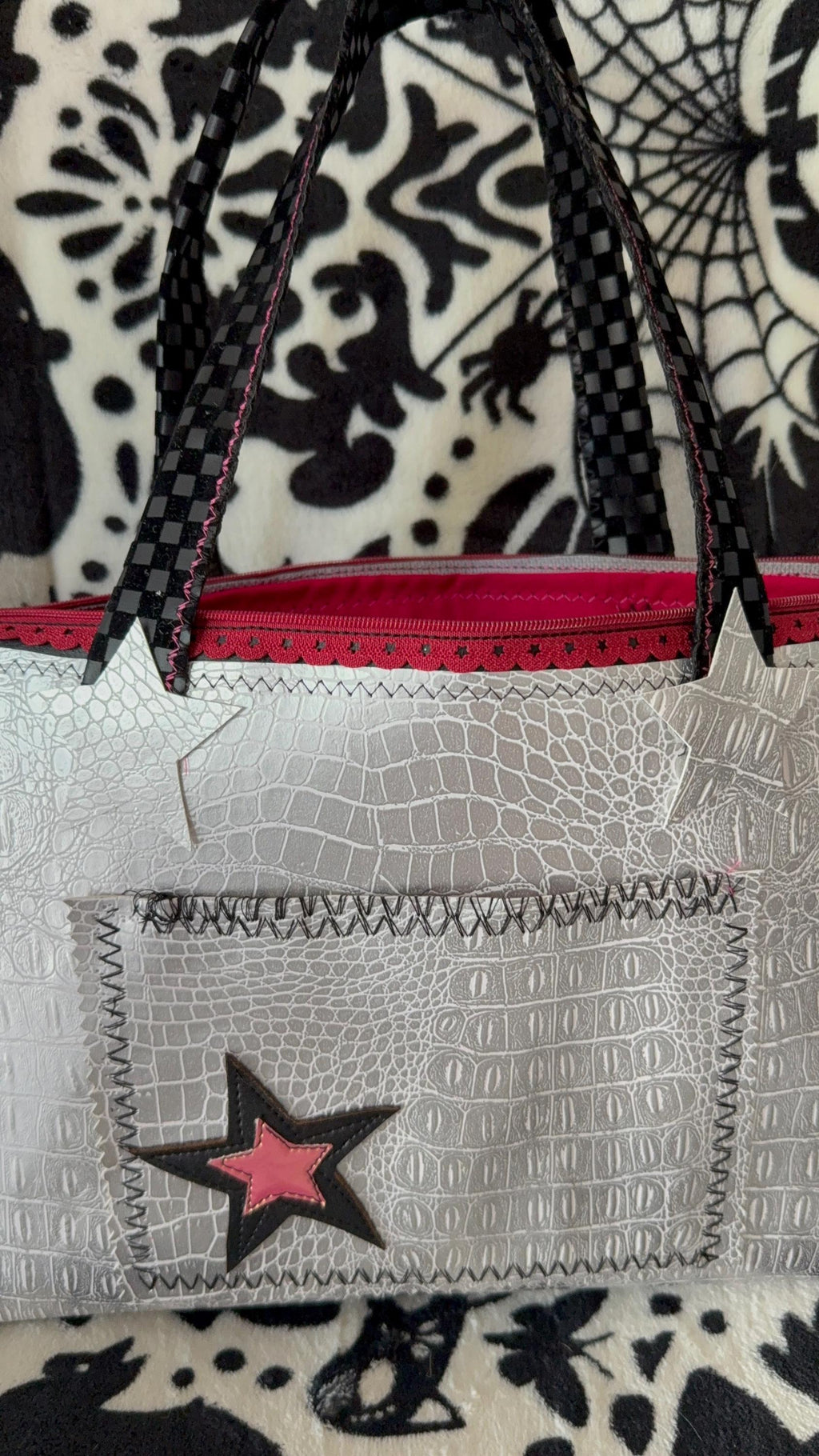 Handmade Silver Croc & Black Star Handbag | Punk Rock Tote (Pink Lined)
