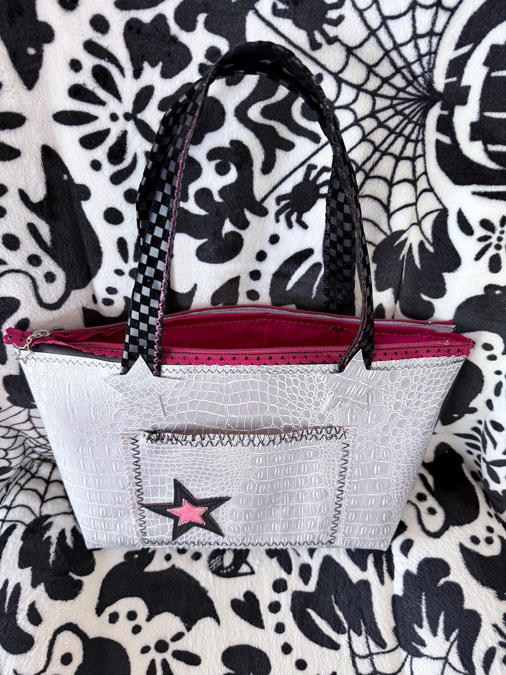 Handmade Silver Croc & Black Star Handbag | Punk Rock Tote (Pink Lined)