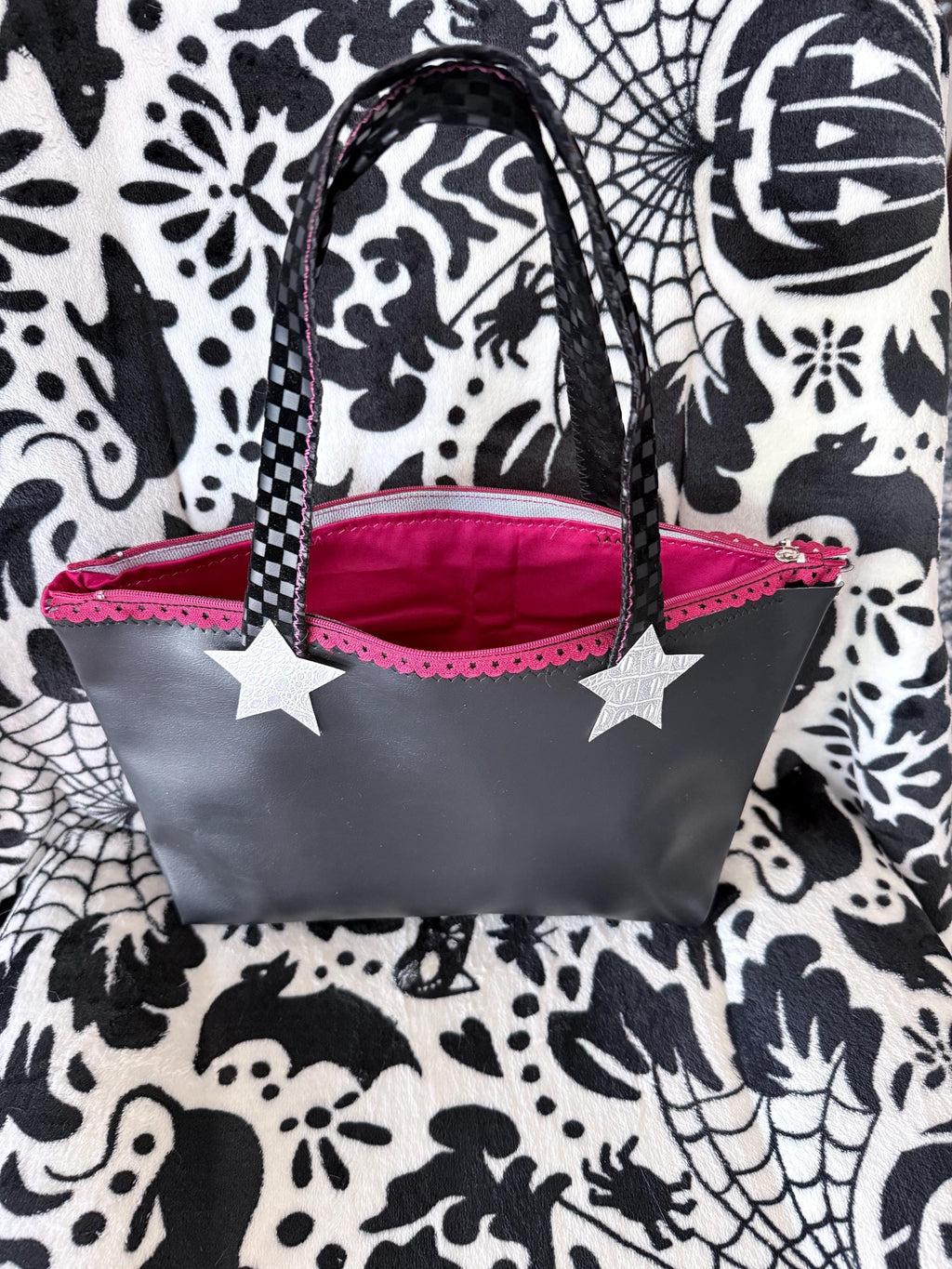 Handmade Silver Croc & Black Star Handbag | Punk Rock Tote (Pink Lined)