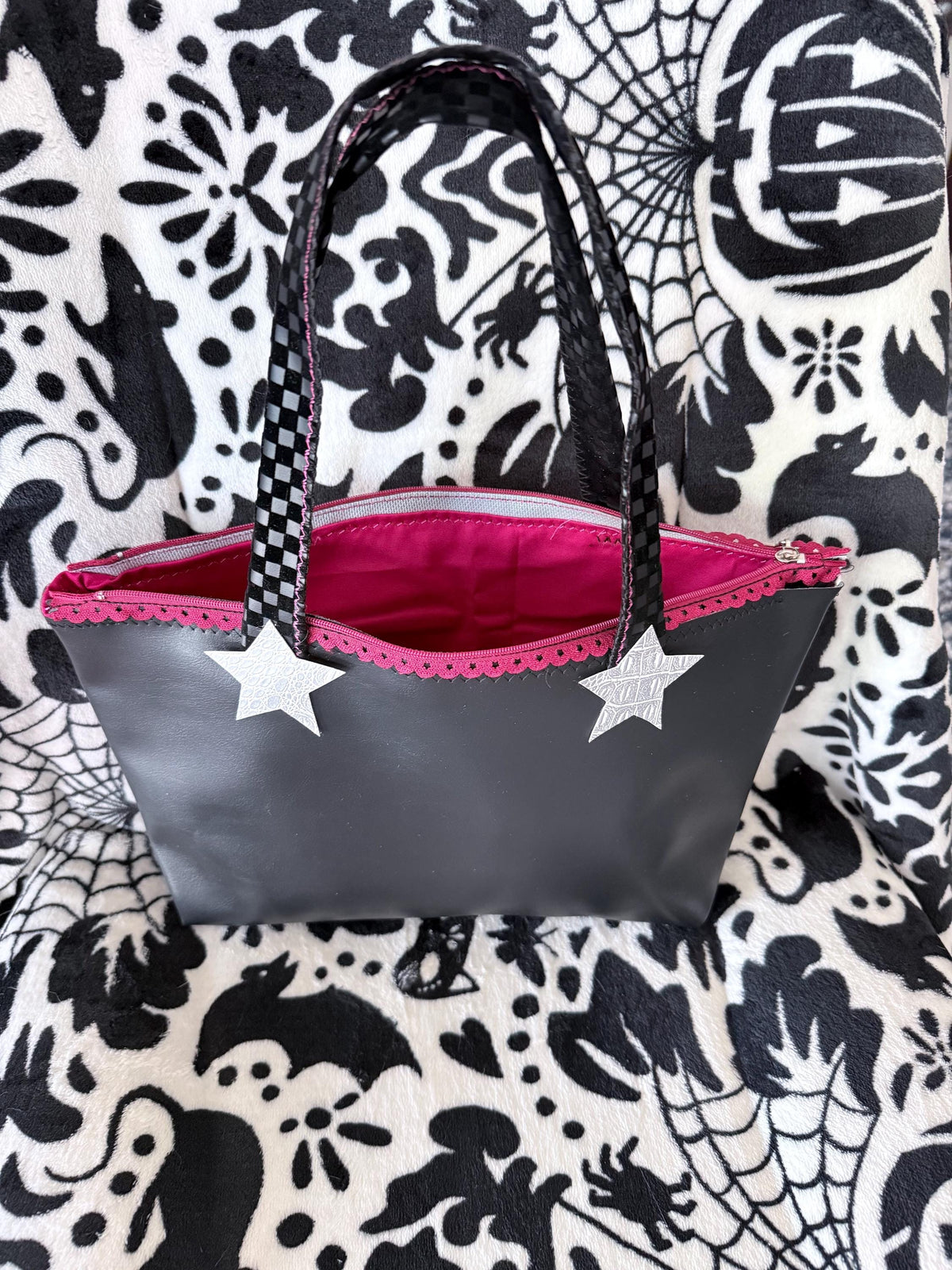 Handmade Silver Croc & Black Star Handbag | Punk Rock Tote (Pink Lined)