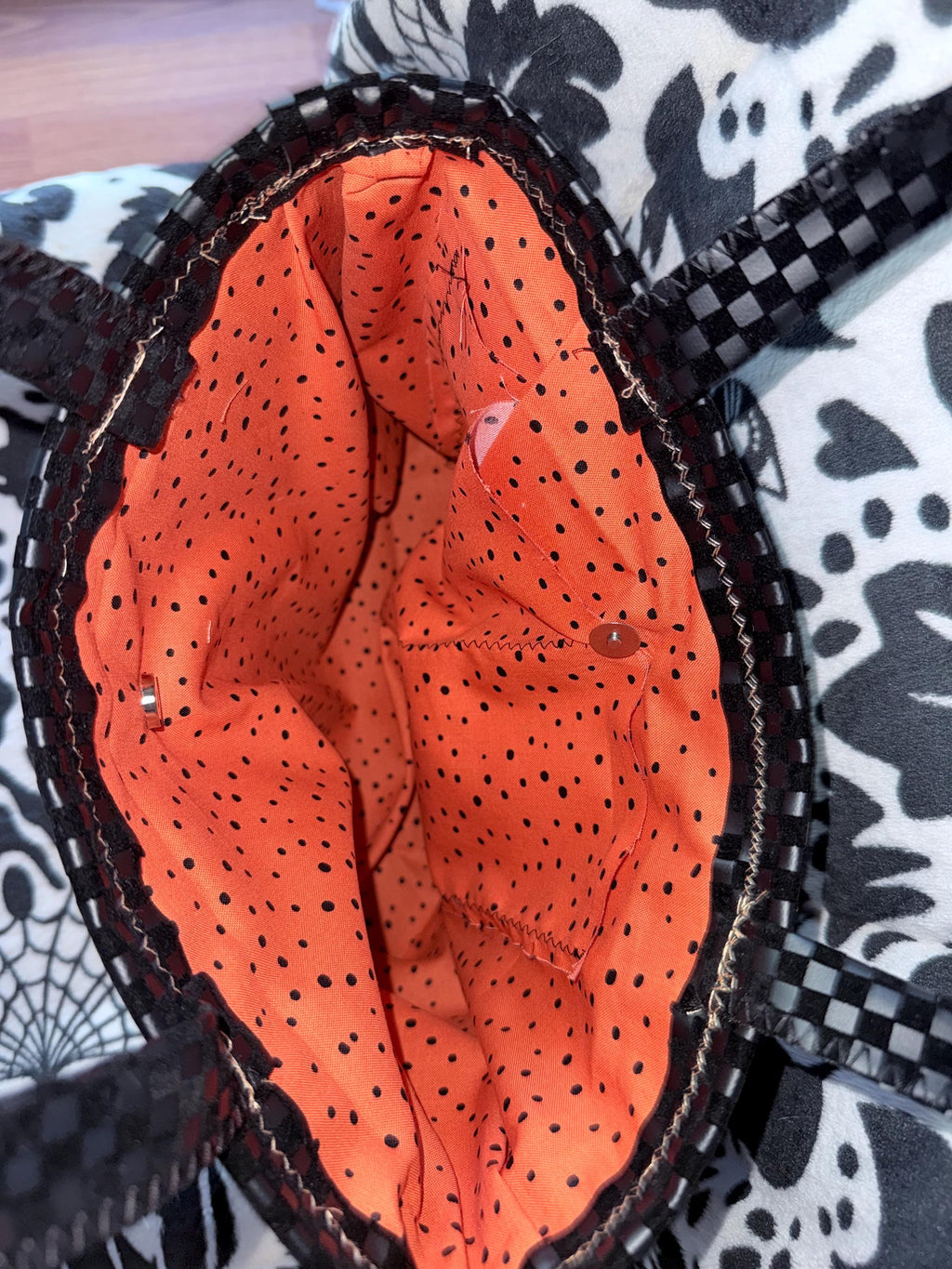 Handmade Halloween Tote – Black Checkerboard Purse with Sparkly Pumpkin Pocket