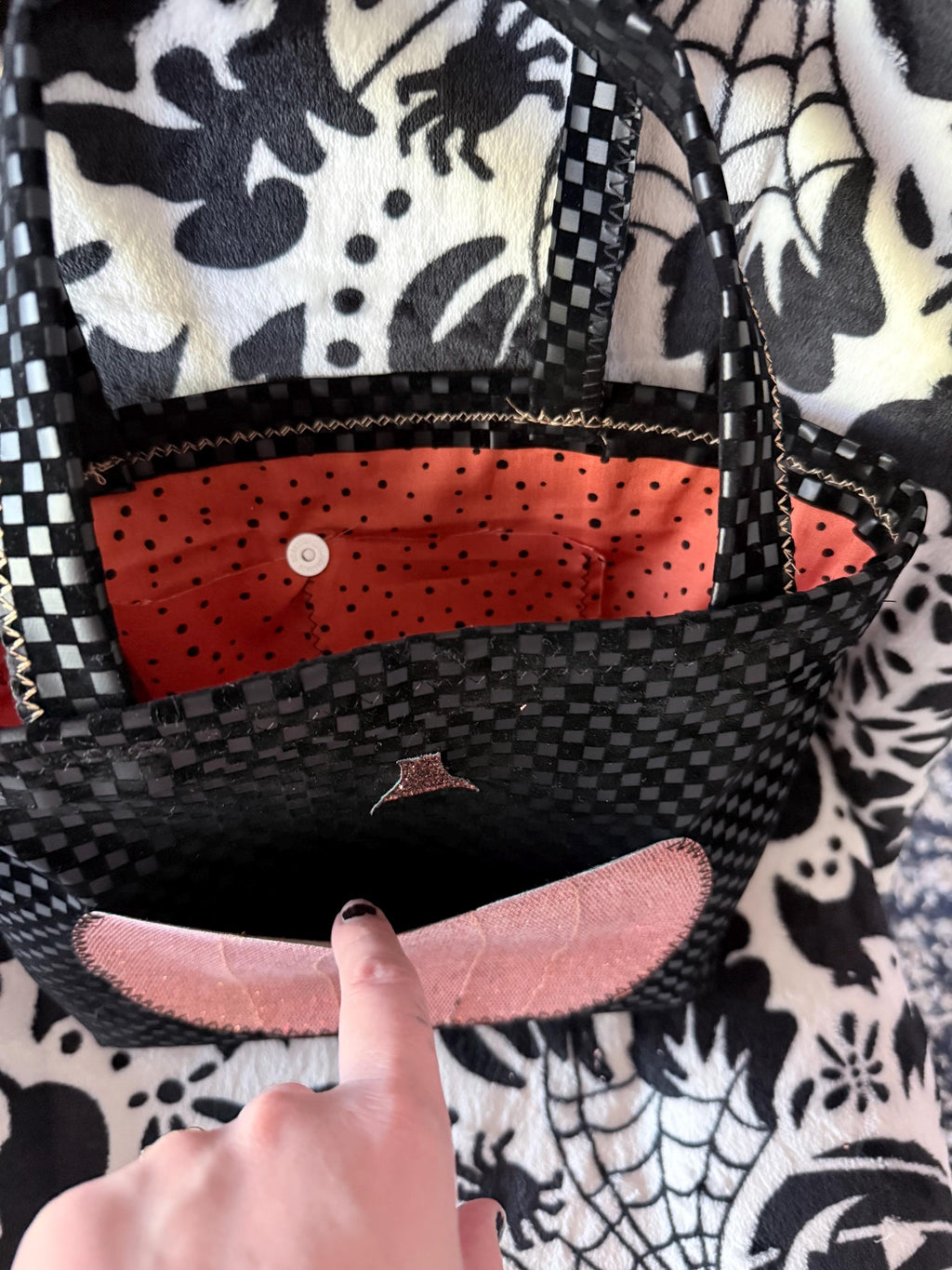 Handmade Halloween Tote – Black Checkerboard Purse with Sparkly Pumpkin Pocket
