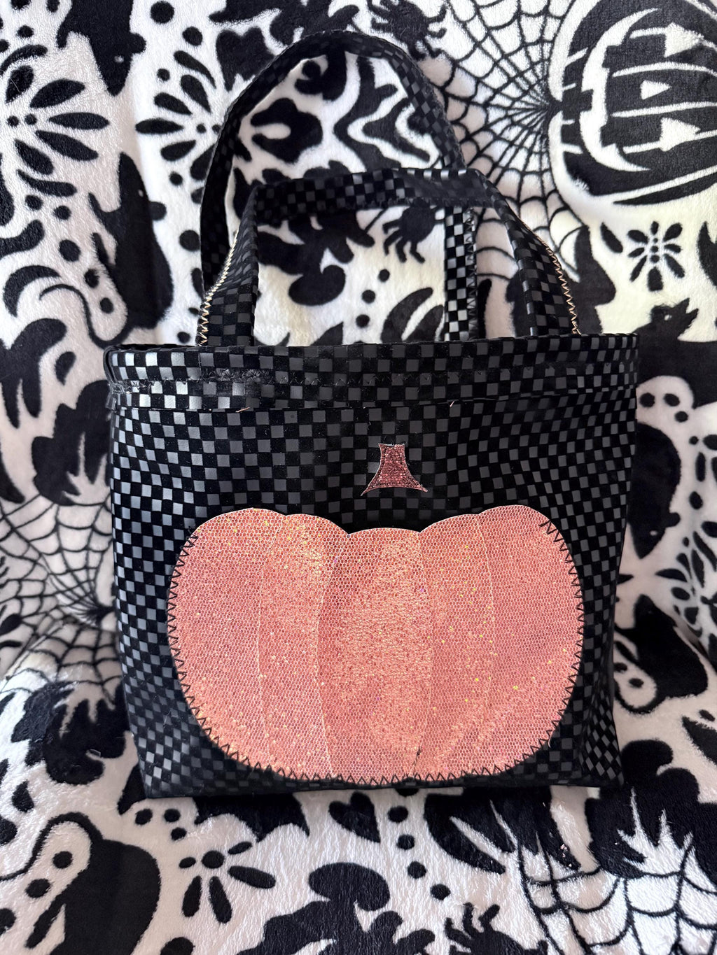 Handmade Halloween Tote – Black Checkerboard Purse with Sparkly Pumpkin Pocket
