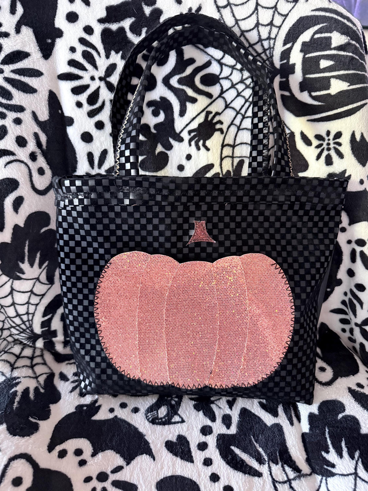 Handmade Halloween Tote – Black Checkerboard Purse with Sparkly Pumpkin Pocket