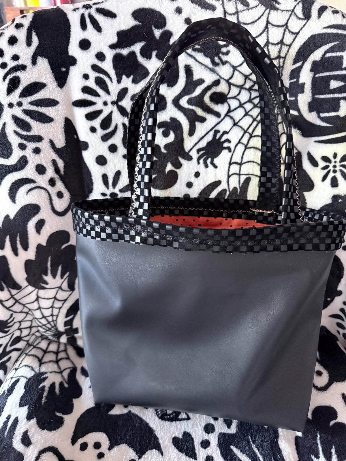 Handmade Halloween Tote – Black Checkerboard Purse with Sparkly Pumpkin Pocket