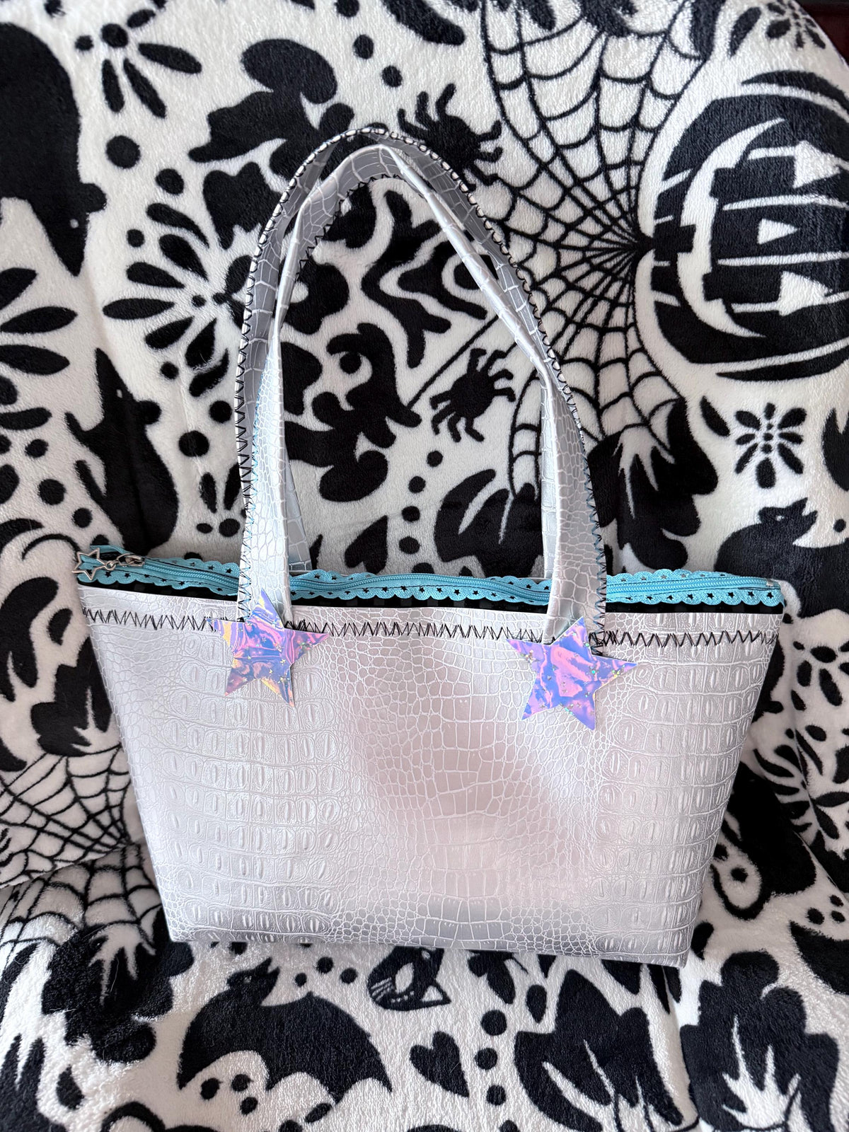 Handmade Holographic Star Tote Bag, White Croc Texture, Turquoise Trim, Galaxy Lining