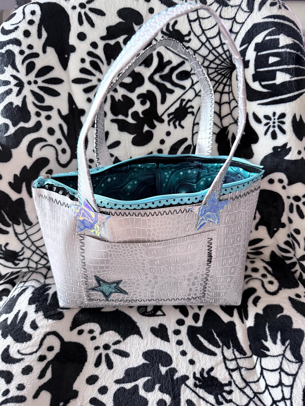 Handmade Holographic Star Tote Bag, White Croc Texture, Turquoise Trim, Galaxy Lining