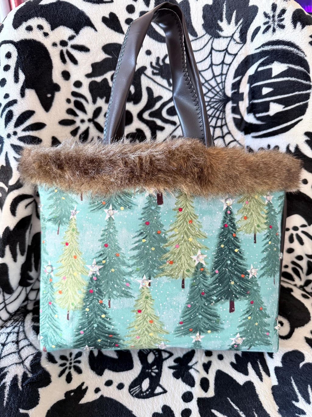 Handmade Christmas Tree Tote Bag | Faux Fur Trim Holiday Purse  With sparkle