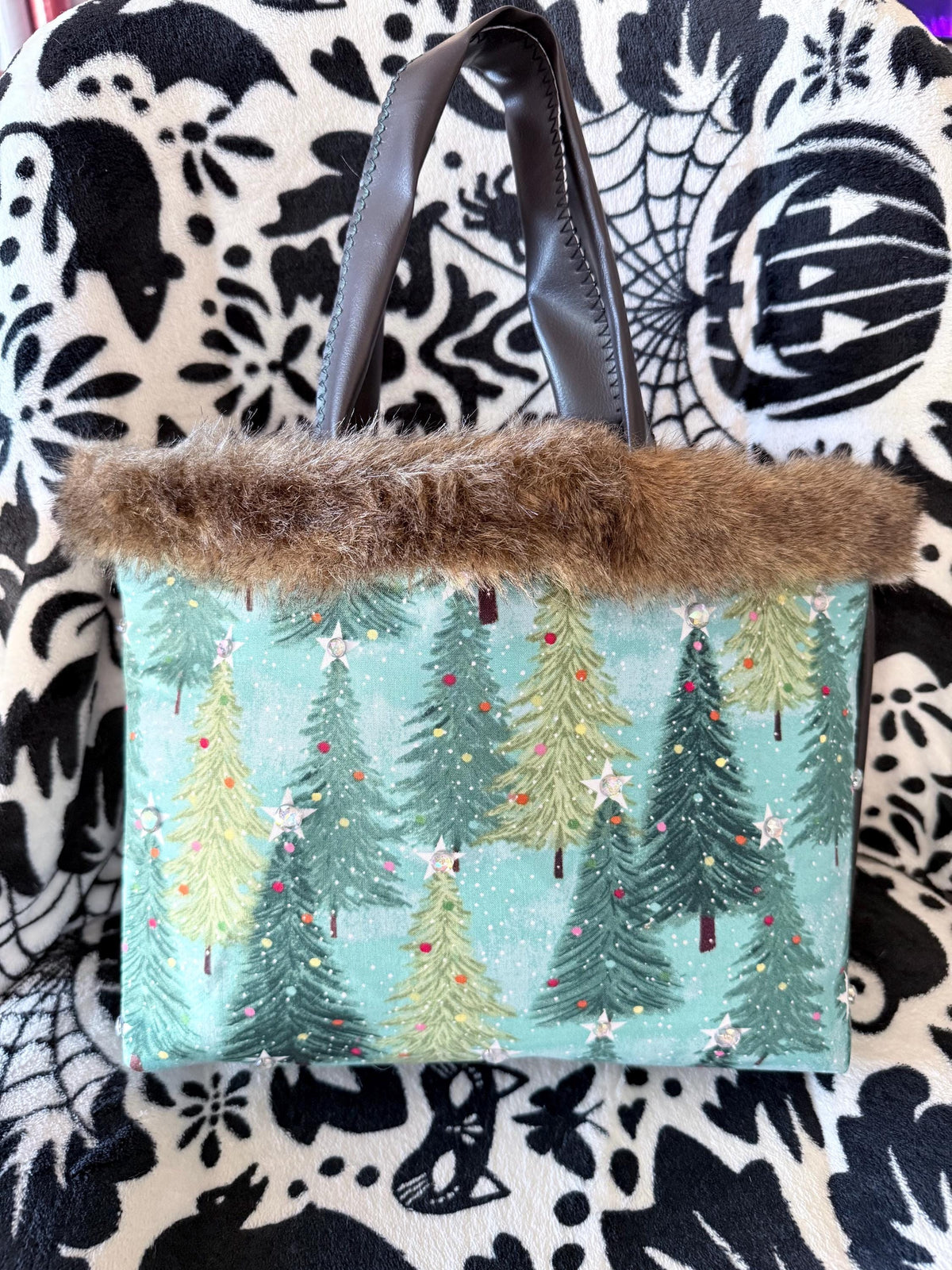 Handmade Christmas Tree Tote Bag | Faux Fur Trim Holiday Purse  With sparkle