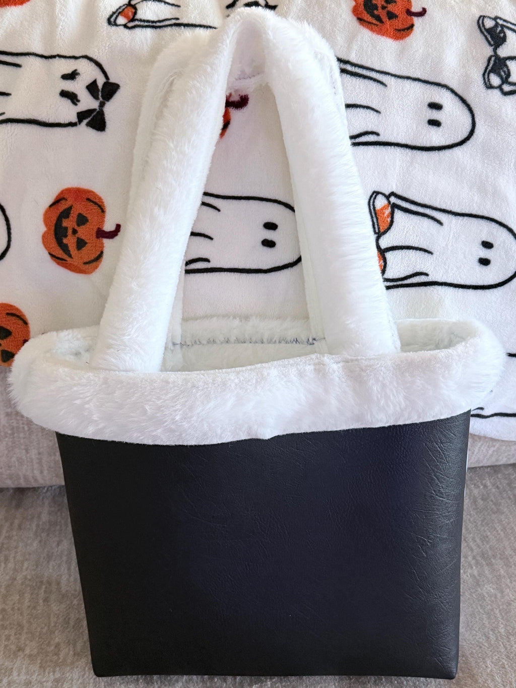 Snowflake Winter Tote Bag, Blue & Black Purse with White Faux Fur Handles, Christmas Holiday Handbag, Cozy Winter Gift