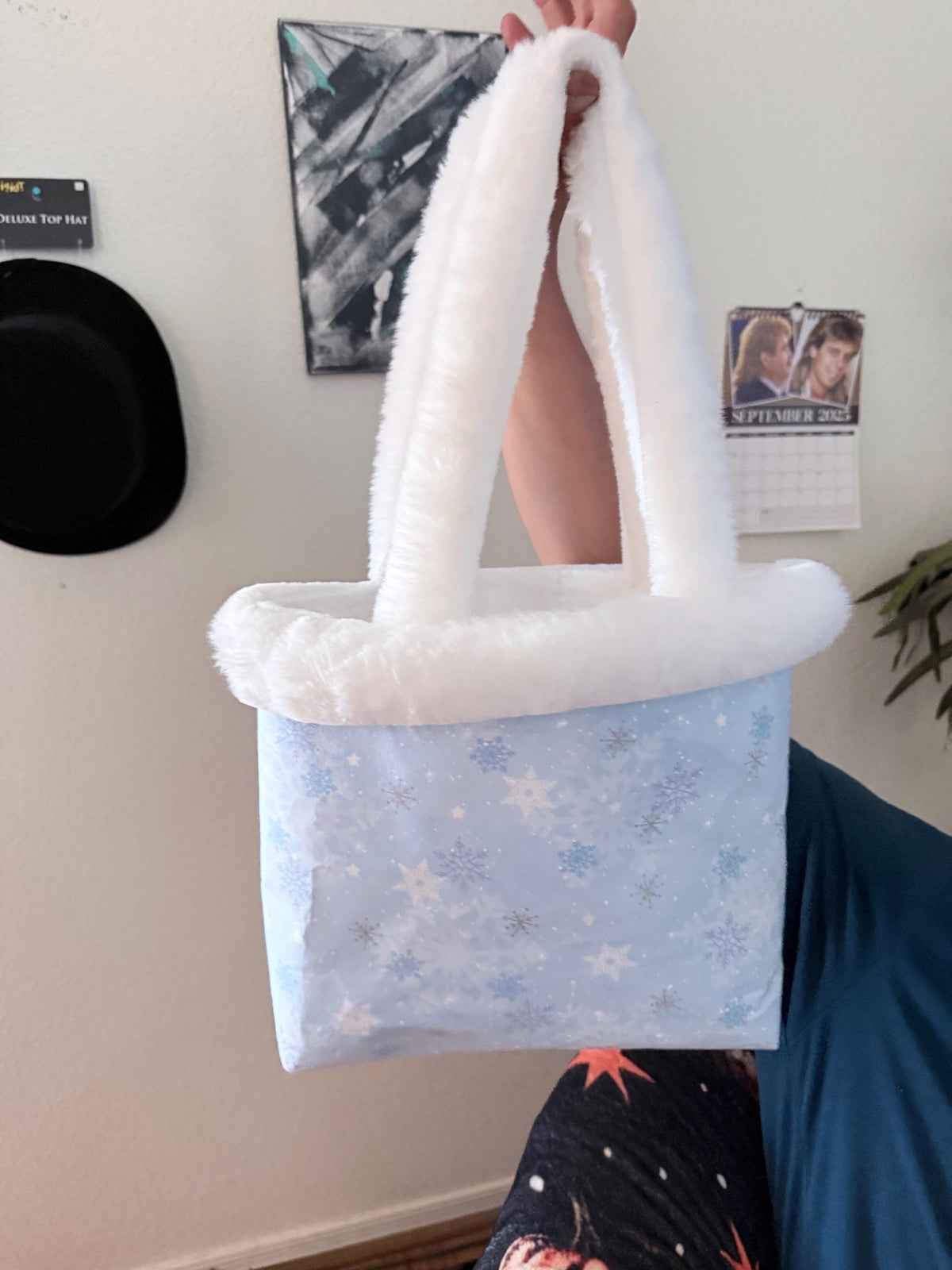 Snowflake Winter Tote Bag, Blue & Black Purse with White Faux Fur Handles, Christmas Holiday Handbag, Cozy Winter Gift
