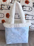 Snowflake Winter Tote Bag, Blue & Black Purse with White Faux Fur Handles, Christmas Holiday Handbag, Cozy Winter Gift