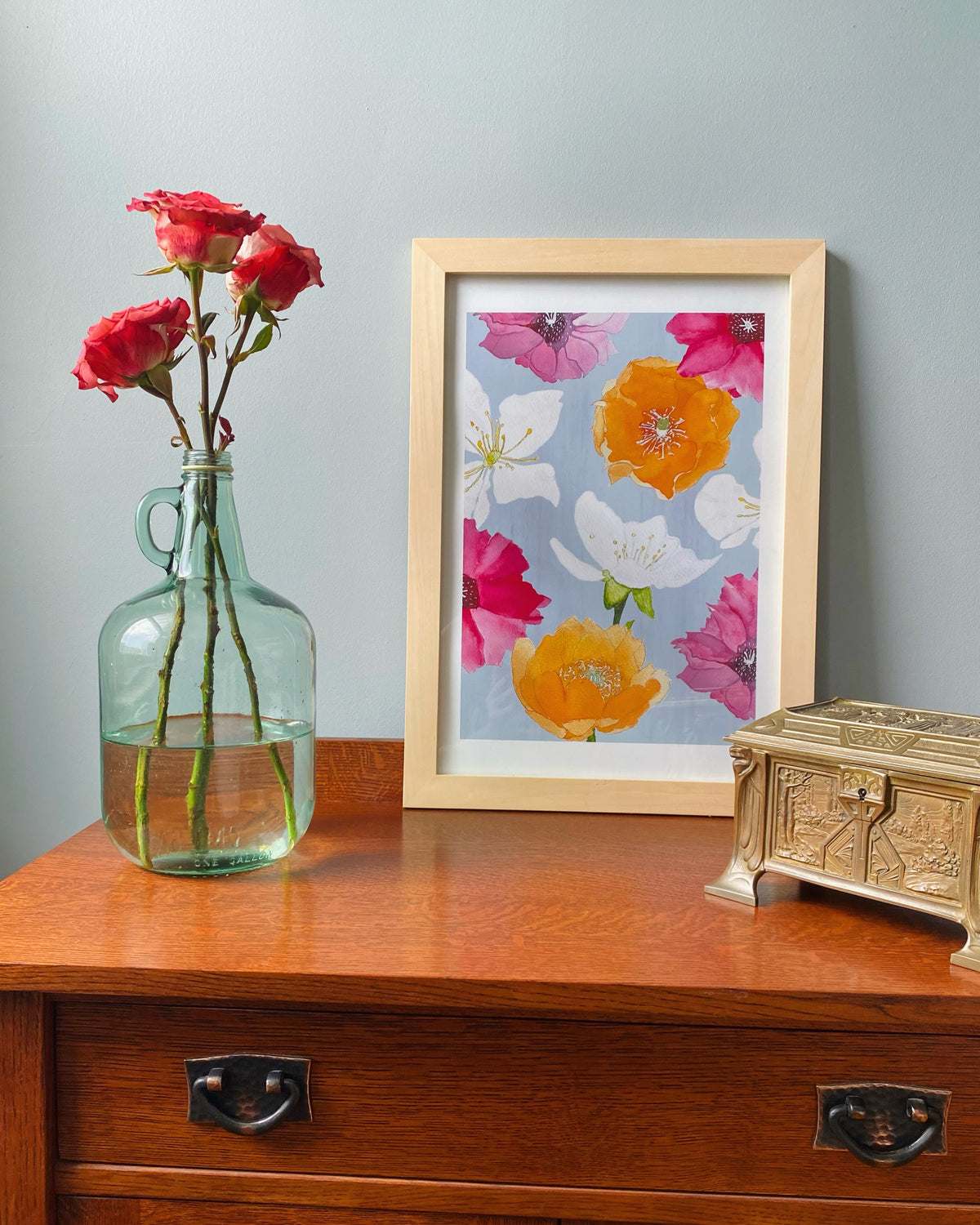 Cactus Flowers on Grey - Signed Watercolor Art Print, Unframed